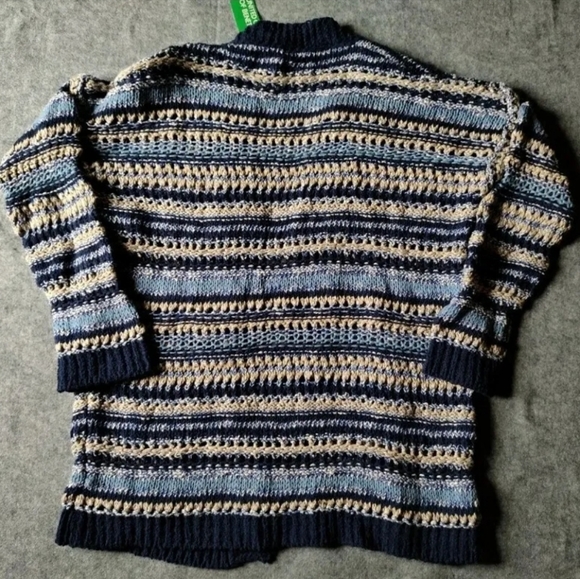 Benetton Womans Blue Knit Crochet Cut Out Striped Open Cardigan Sweater M NWT - Picture 4 of 14